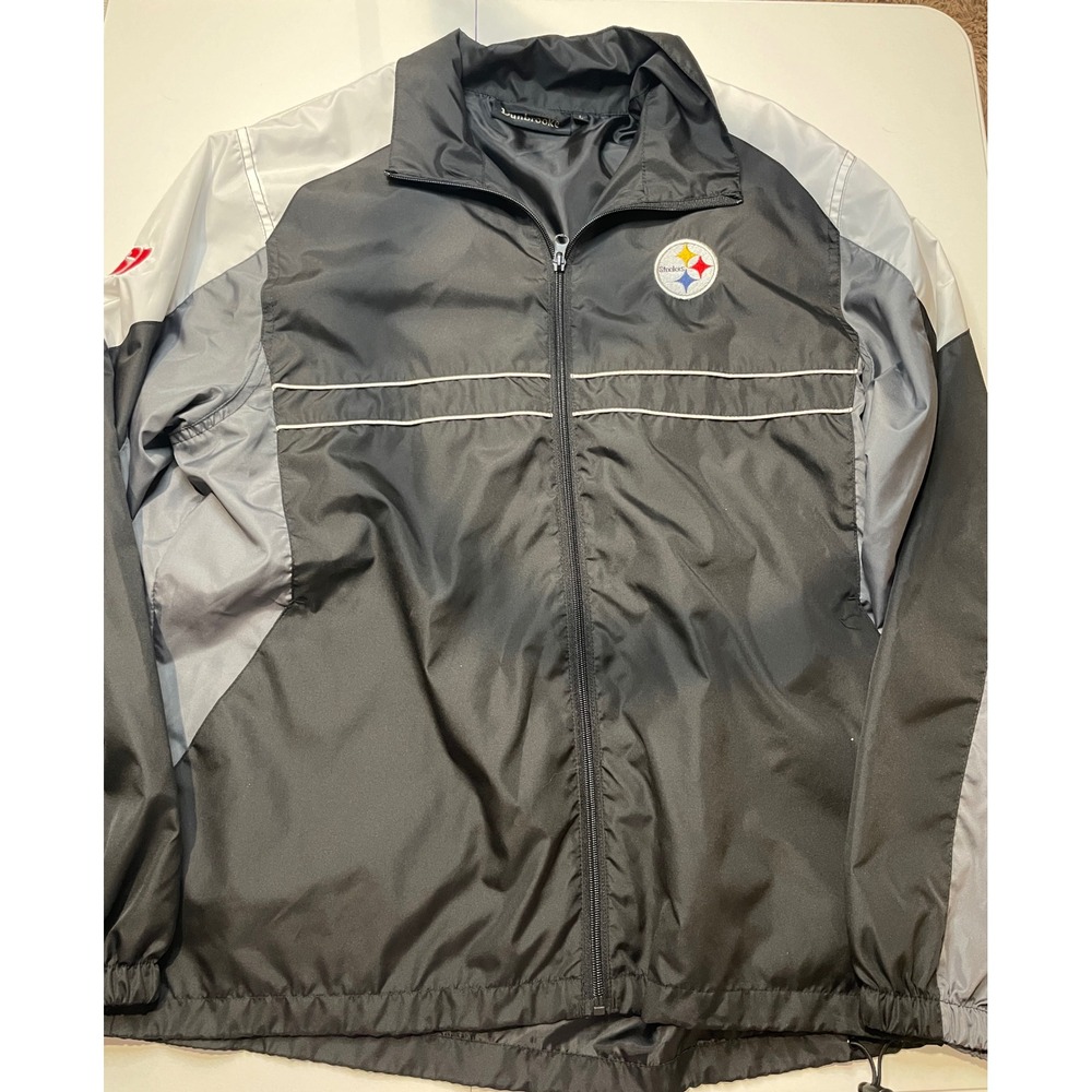 Pittsburgh Steelers Mens Large Windbreaker Jacket Black Grey Full Zip